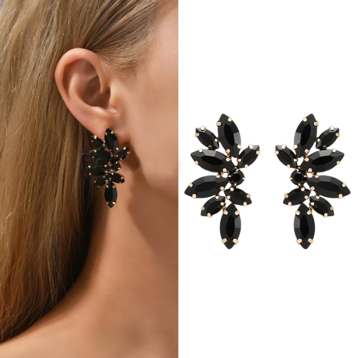 Kolczyki złote czarne cyrkonie kamienie kryształy przy uchu listki skrzydła