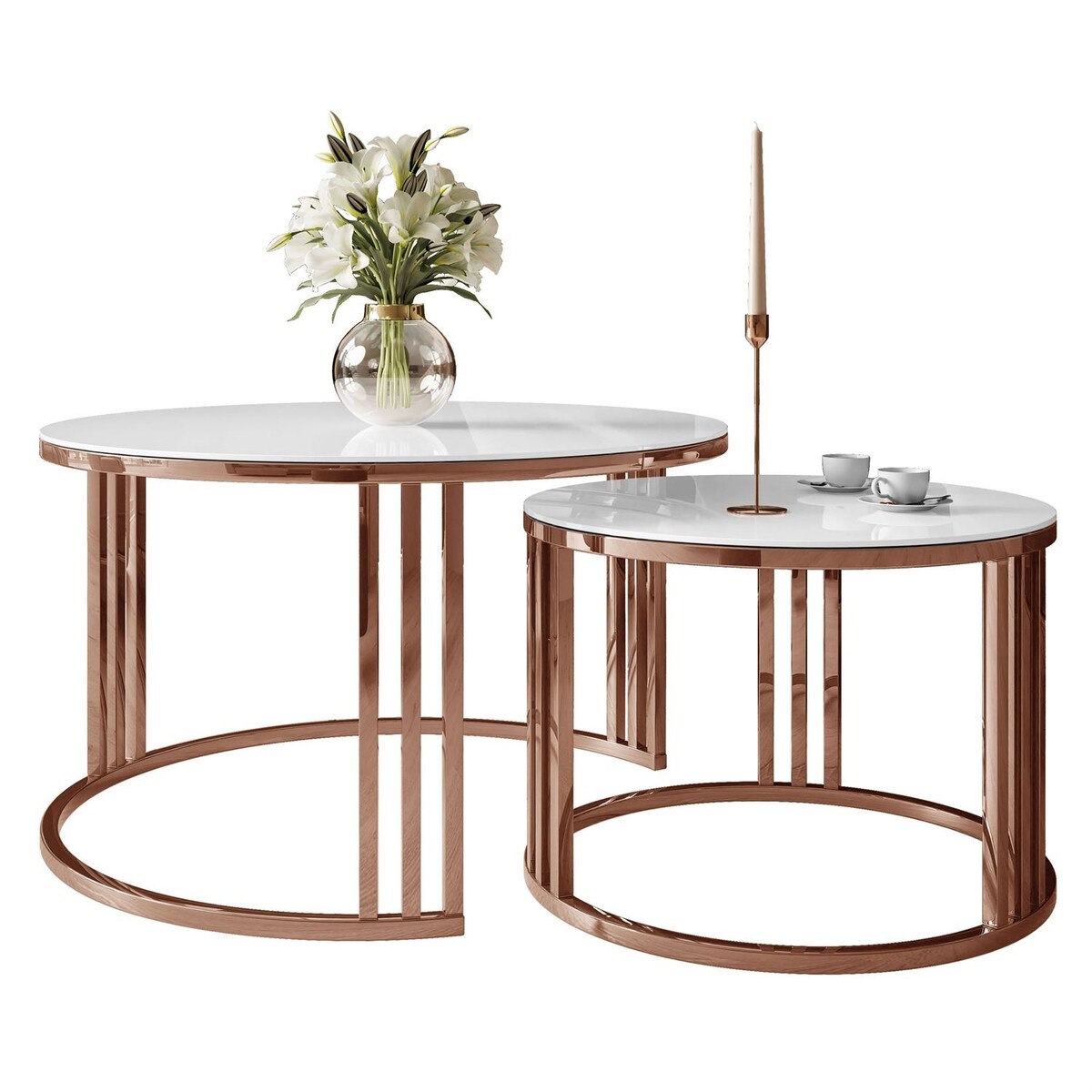 Stolik kawowy LORI 2w1 miedź białe szkło
