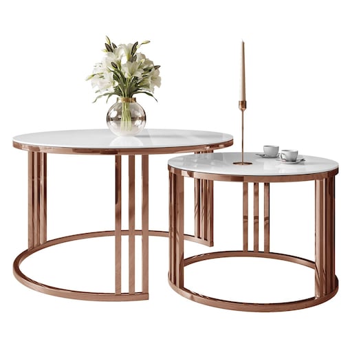 Stolik kawowy LORI 2w1 miedź białe szkło