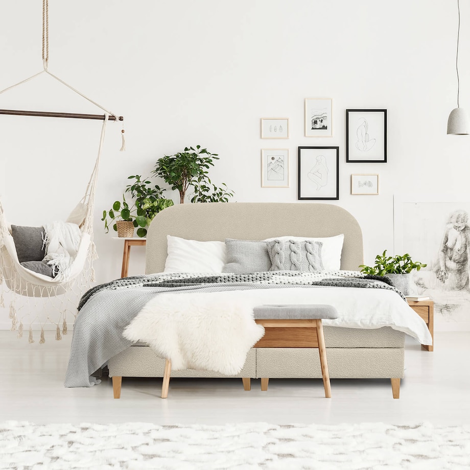 Łóżko kontynentalne CATRINE 140x200 z pojemnikiem, Beż, tkanina Baloo 2075