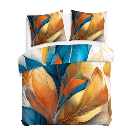 Pościel satyna bawełniana 160x200 Aurelia w złote i niebieskie liście, Satynlove Premium