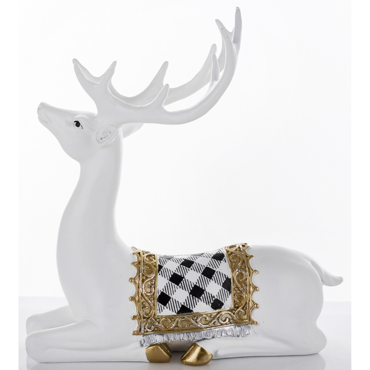 Figurka - leżący jeleń biały 29x27x11,8 cm BALLERA-2 z czaprakiem w szachownicę