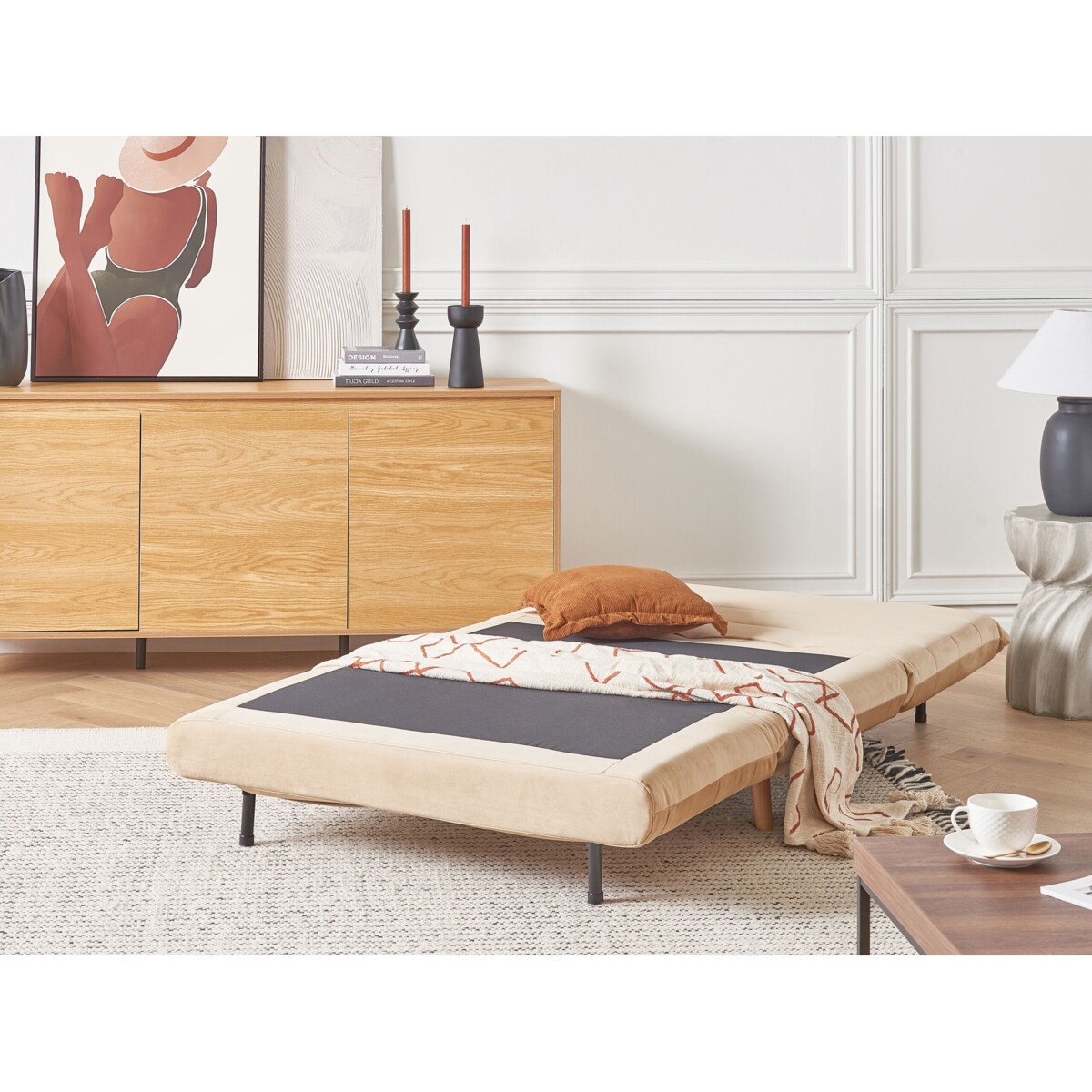 Sofa rozkładana welurowa jednoosobowa beżowa SETTEN