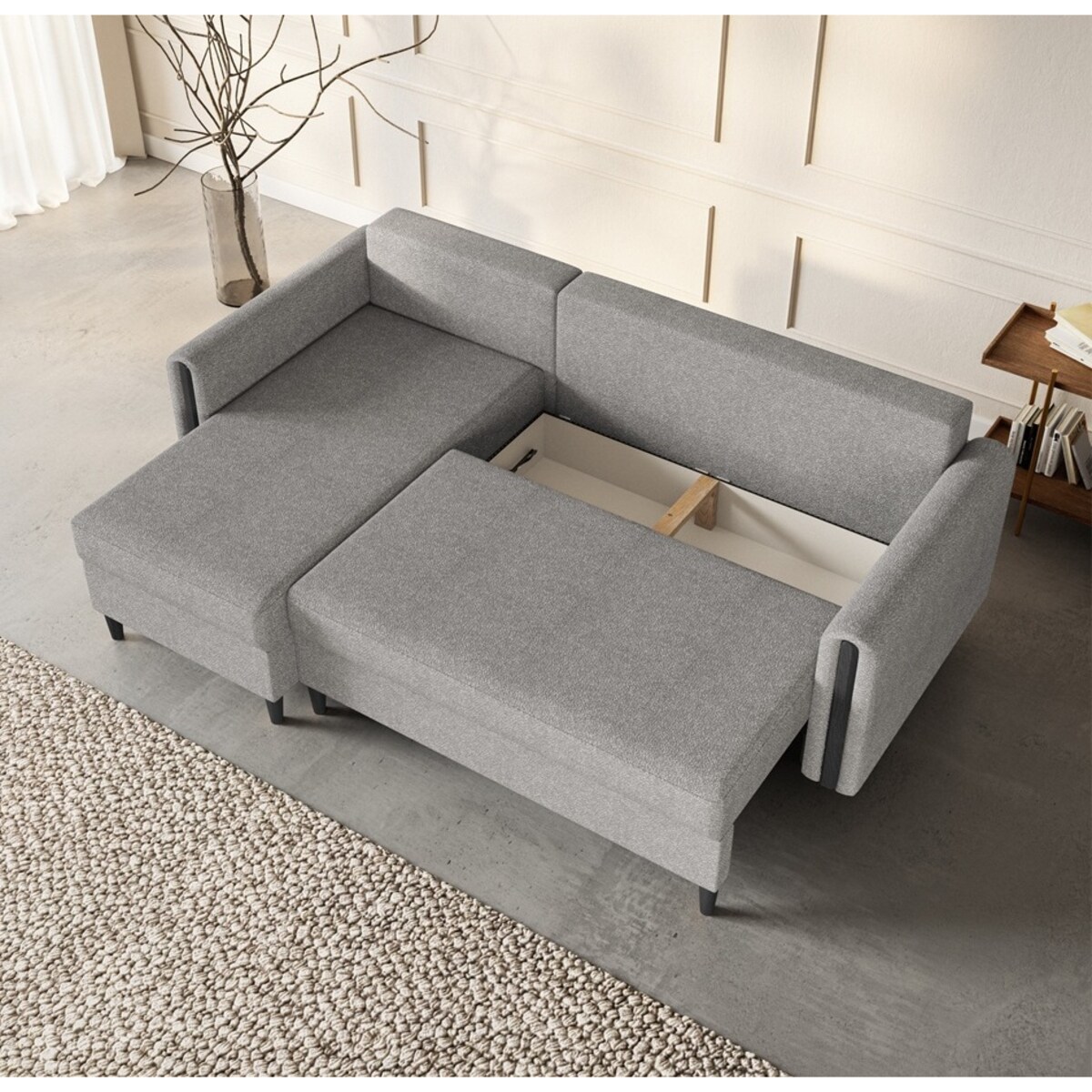 Designerski narożnik GALOS- szary- drewno wenge- lewostronny