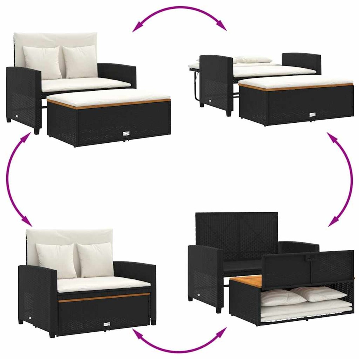 vidaXL Sofa ogrodowa z poduszkami, 2-os., czarna, rattan PE i akacja