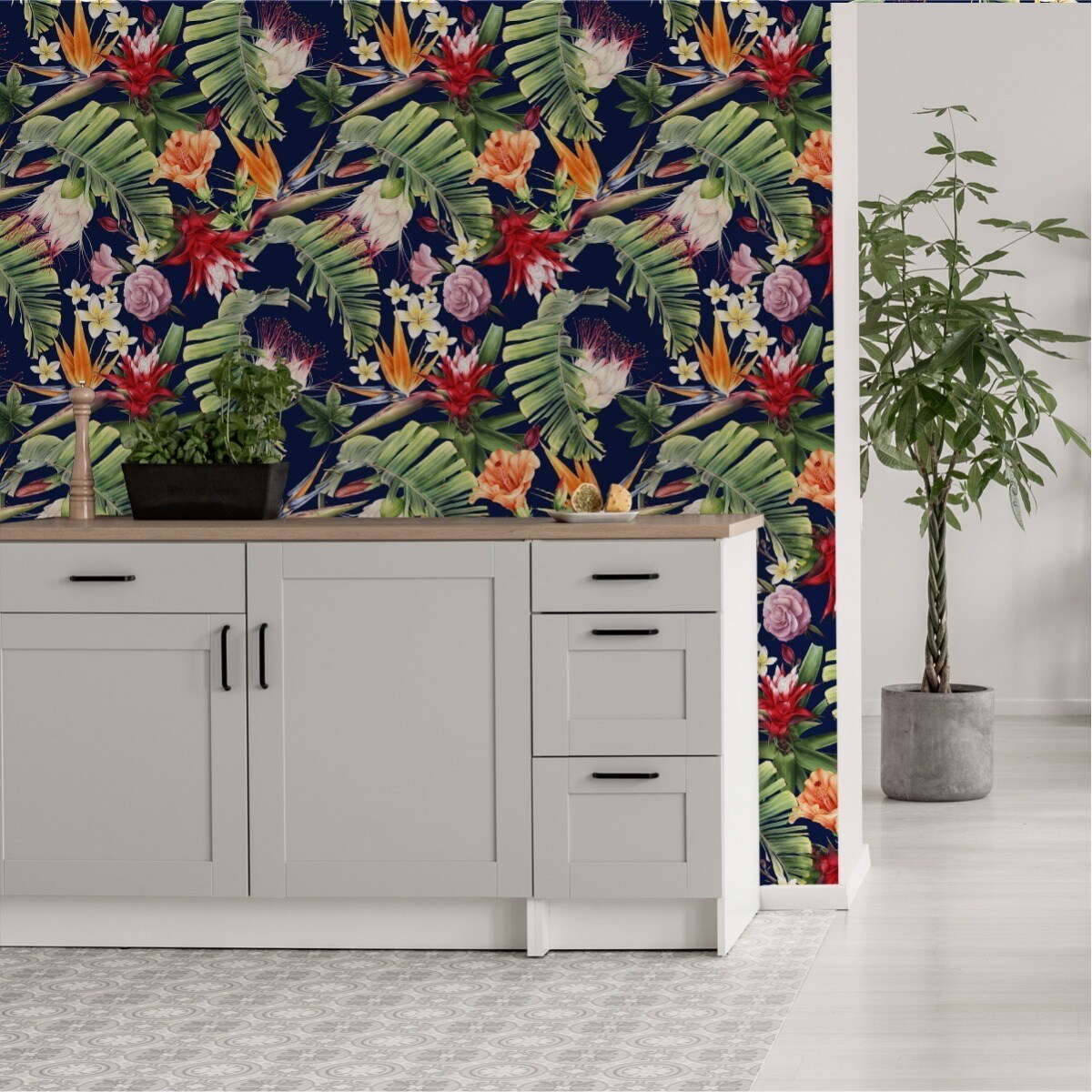 Tapeta TROPIKALNE Liście Kolorowe Kwiaty