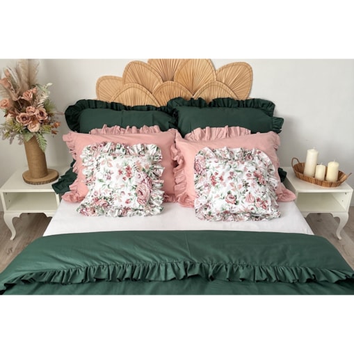 Pościel Bawełniana Z Falbanką Zestaw Komplet Do Sypialni Kołdra + 6 Poduszek 200X200 Cm Butelkowa Zieleń Retro Kwiaty