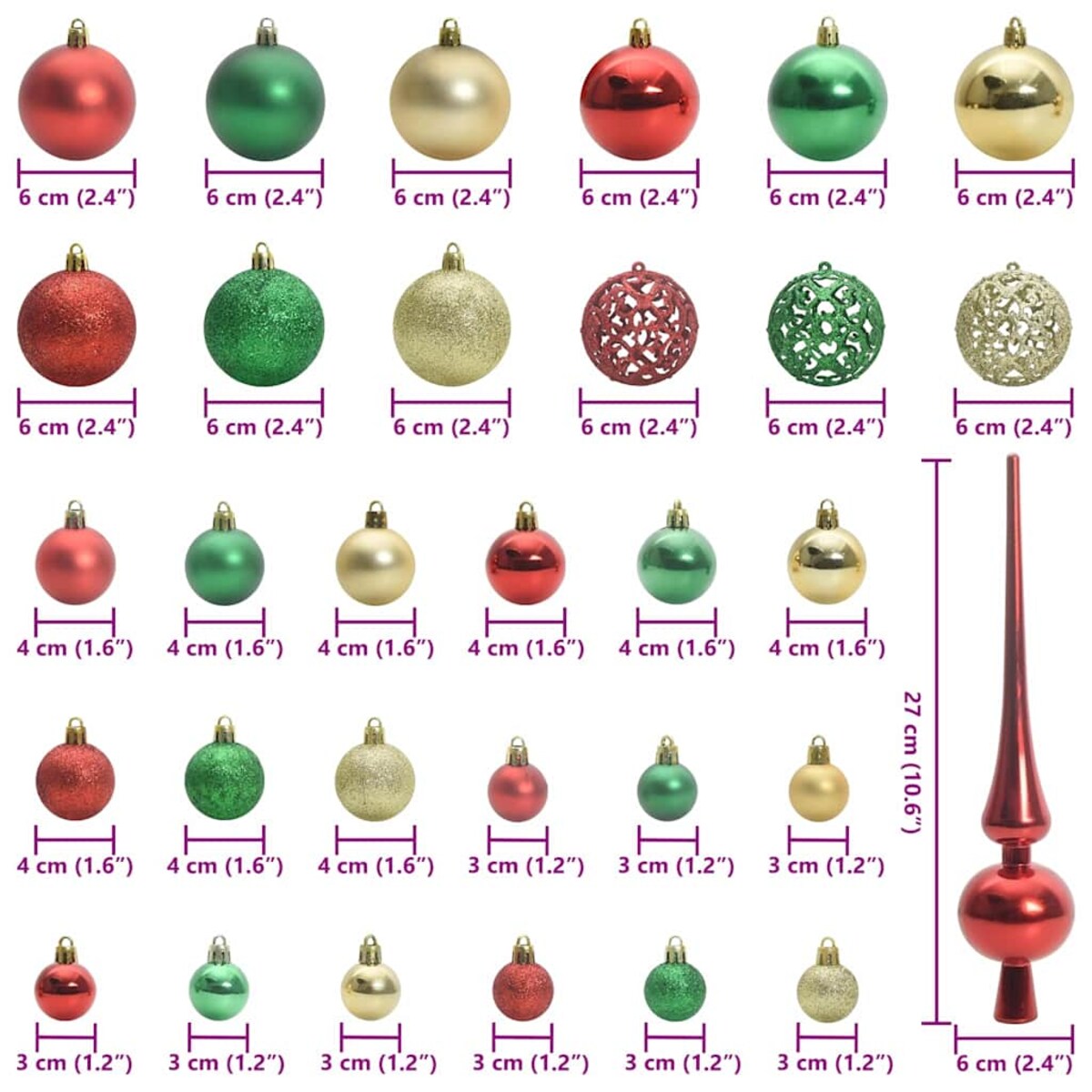 vidaXL Zestaw Bombek Choinkowych 61 pcs Wielokolorowe