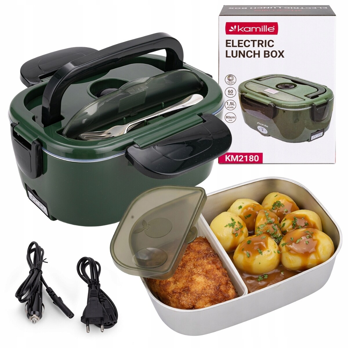 Elektryczny lunch box termos obiadowy samochodowy podgrzewany śniadaniówka do auta 1.5L KAMILLE