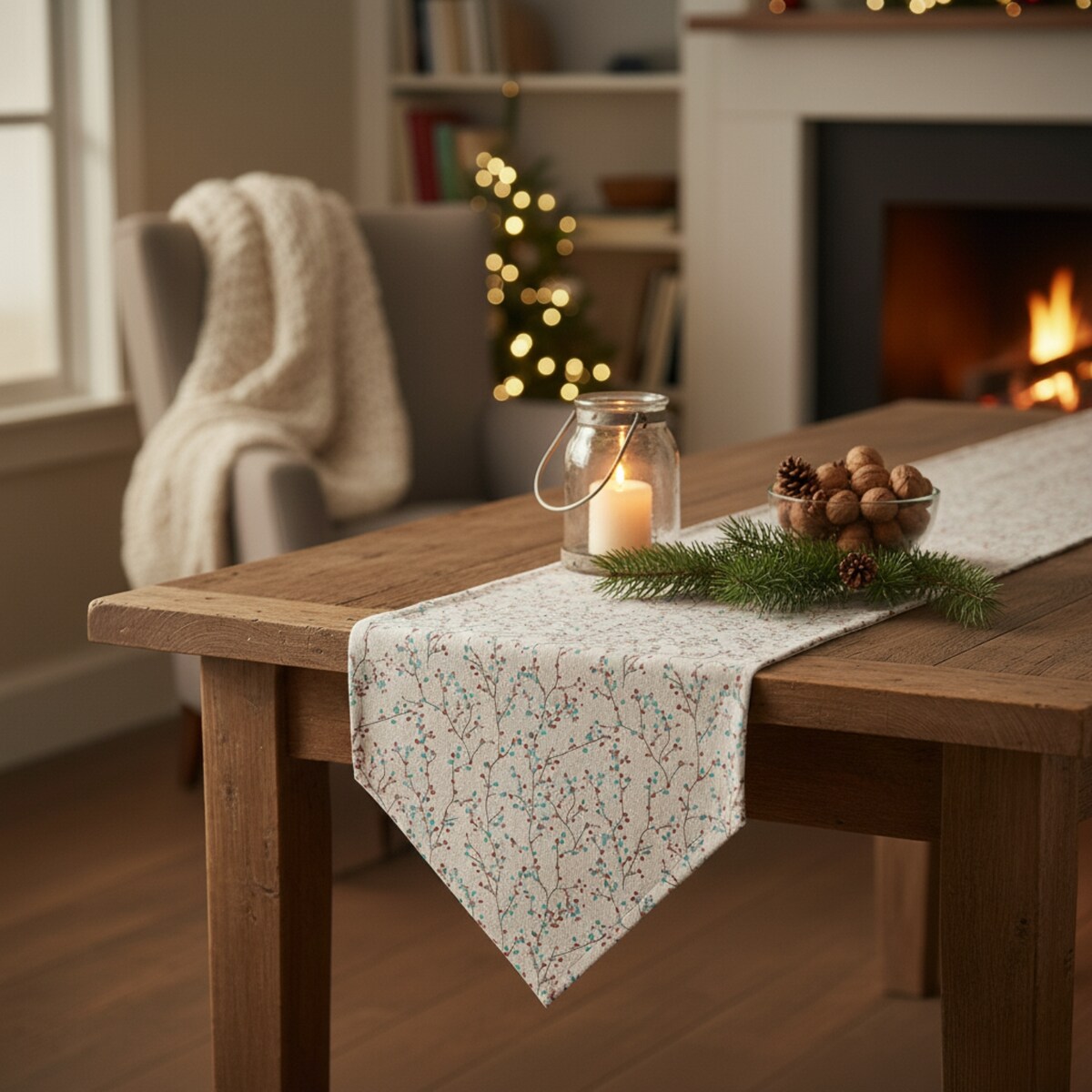 Świąteczny bieżnik na stół, gałązki, 150 cm