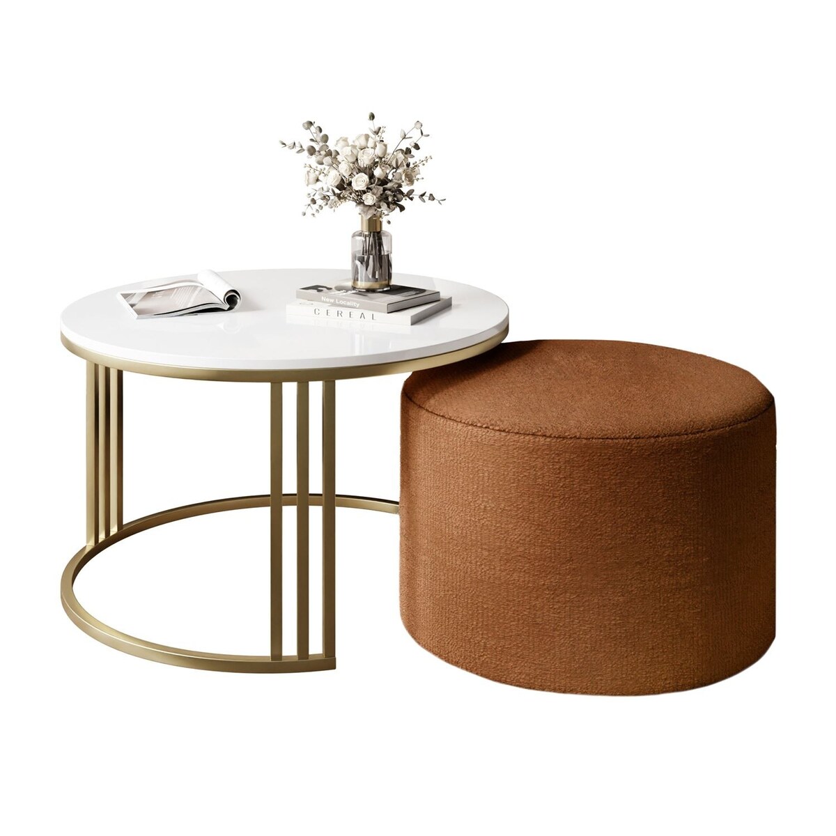 Stolik kawowy z pufą LORI POŁYSK złoto szczotkowane, biały / Perfect Harmony 52