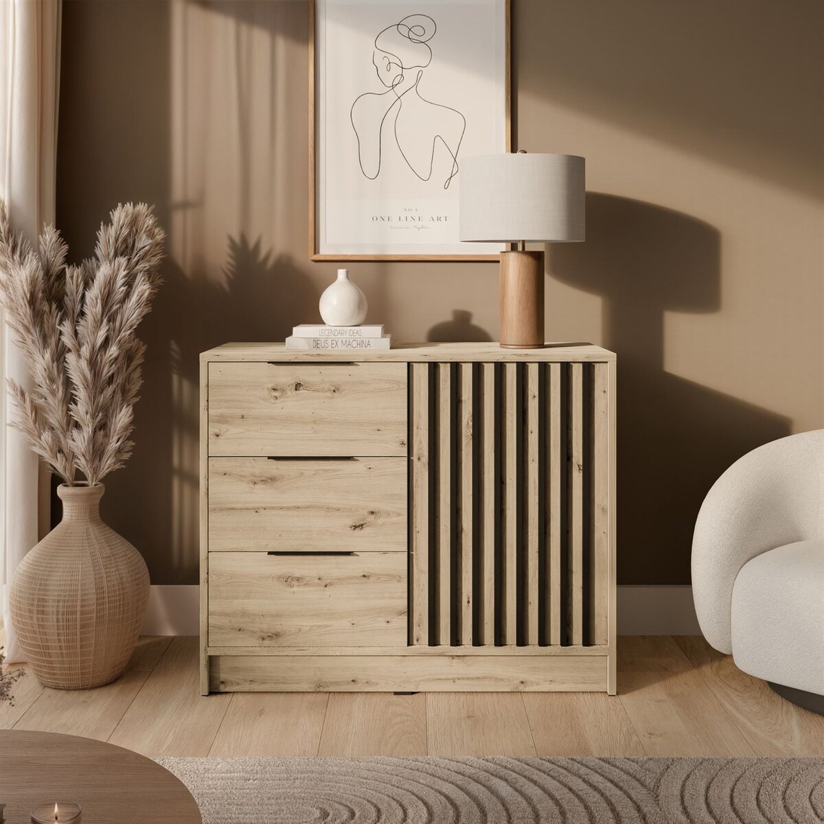 Komoda NELA 1D3S z lamelami, dąb artisan + czarny