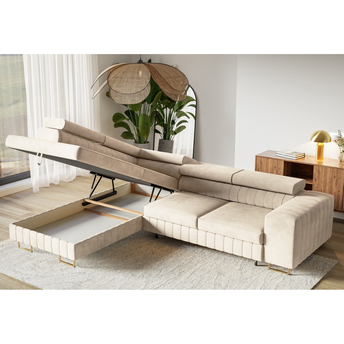 Narożnik NOLA do salonu, na złotych nogach-lewostronny-Matt Velvet beżowy