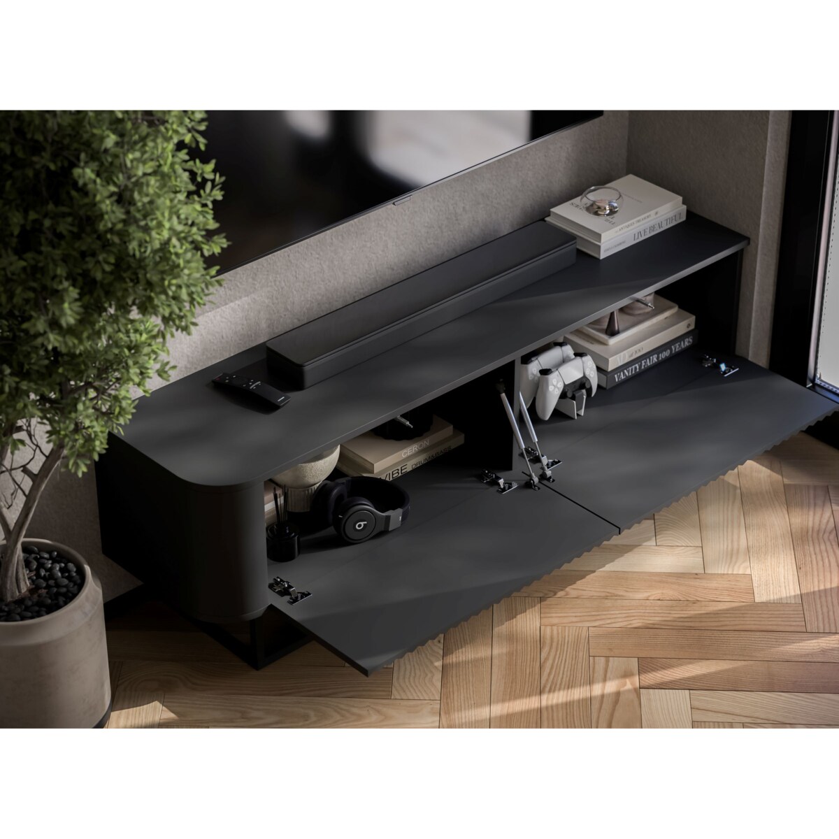 Narożna Szafka RTV Glamour Czarny Mat Komoda RTV Ryflowane Fronty Stelaż Metalowy Czarny 140 cm