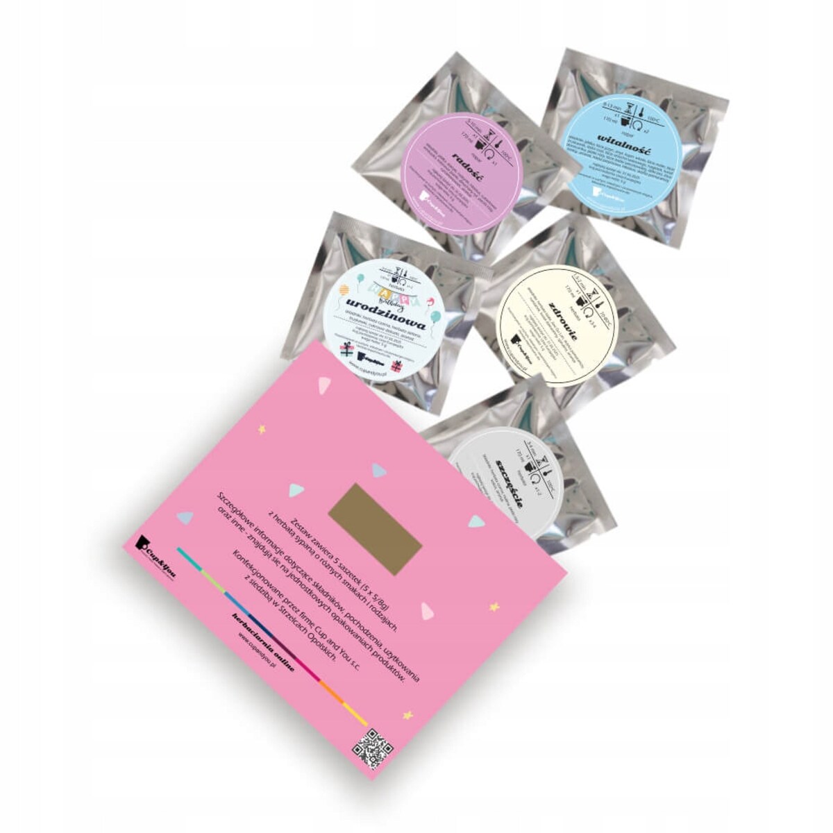 Drobny urodzinowy zestaw prezentowy torebka pudełko z herbatami sypanymi - 5 różnych smaków w saszetkach po 5g - prezent dla kobiety żony dziewczyny mamy niej