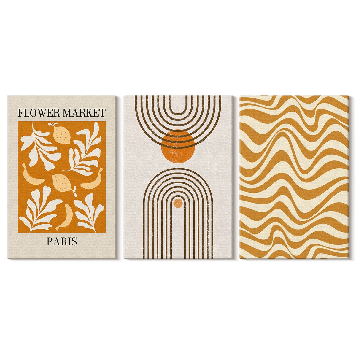 Zestaw 3 dużych obrazów na płótnie - Wzory roślinne geometryczne postery - pomarańczowy