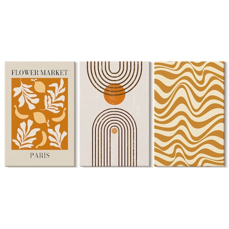 Zestaw 3 dużych obrazów na płótnie - Wzory roślinne geometryczne postery - pomarańczowy