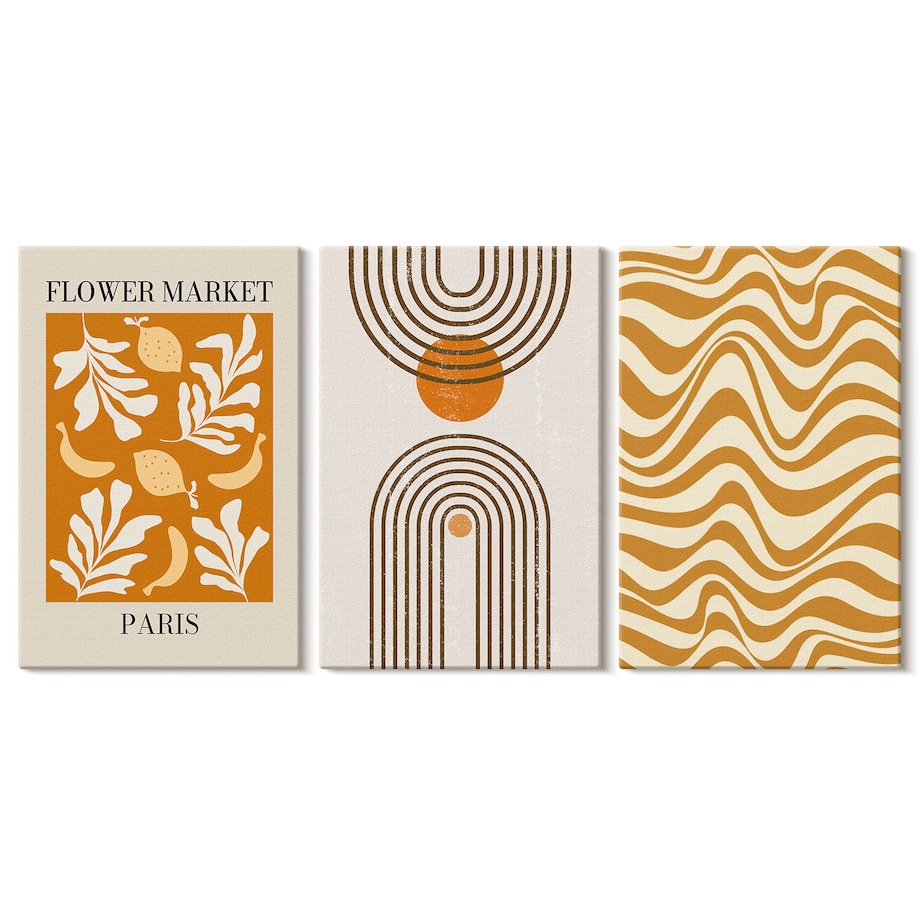 Zestaw 3 dużych obrazów na płótnie - Wzory roślinne geometryczne postery - pomarańczowy