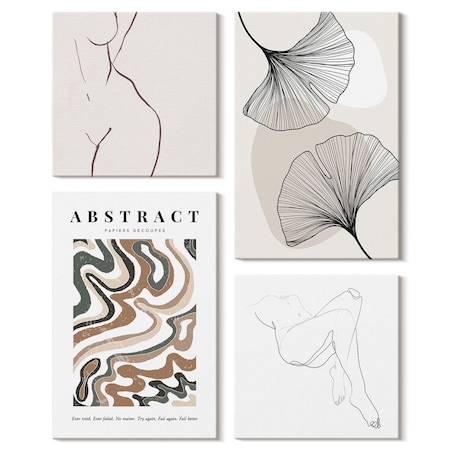 Zestaw 4 obrazów na płótnie - Abstrakcyjny boho kształty liści - beżowy