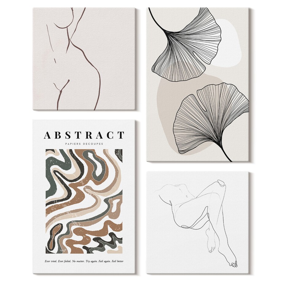 Zestaw 4 obrazów na płótnie - Abstrakcyjny boho kształty liści - beżowy