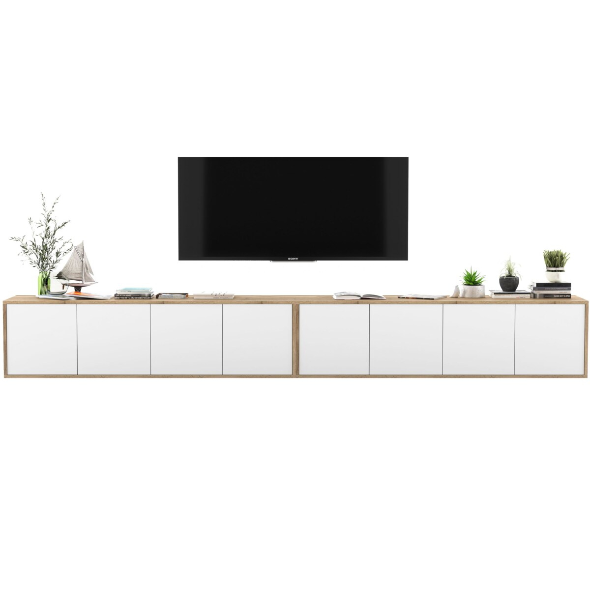 Wisząca Szafka RTV Loft Komoda RTV Dąb Wotan Biały MAT 300 cm