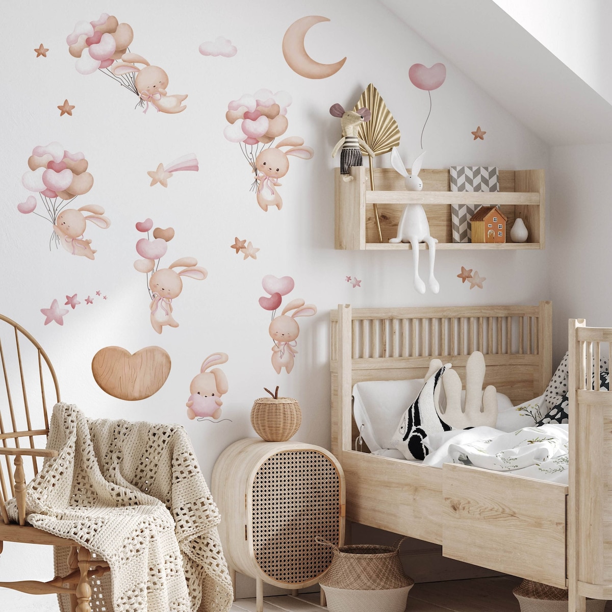 Naklejki Ścienne Dla Dzieci Króliczki Balony Serca Gwiazdy Księżyc ZESTAW 60x30cm