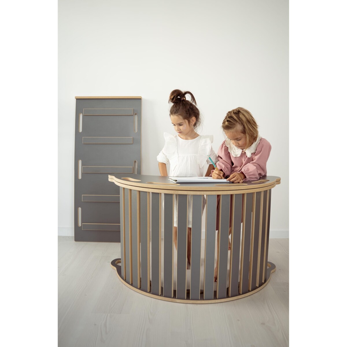 3w1 DUŻY bujak montessori z uchwytami + DUŻA zjeżdżalnia DRABINKA + blat - szary