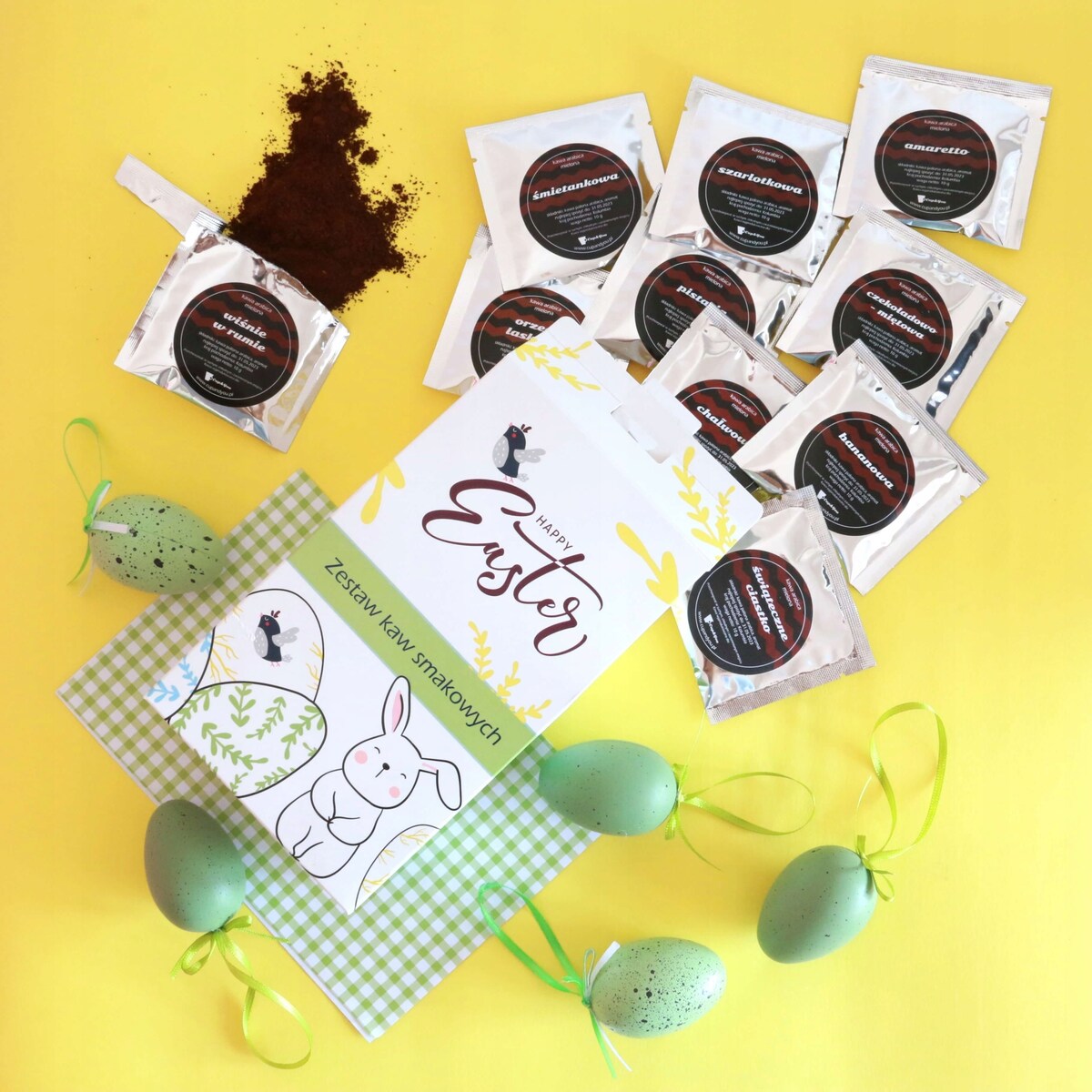 Zestaw kaw aromatyzowanych mielonych HAPPY EASTER mix 10 smaków - prezent upominek box paczka na Wielkanoc Zajączka dla kobiety faceta