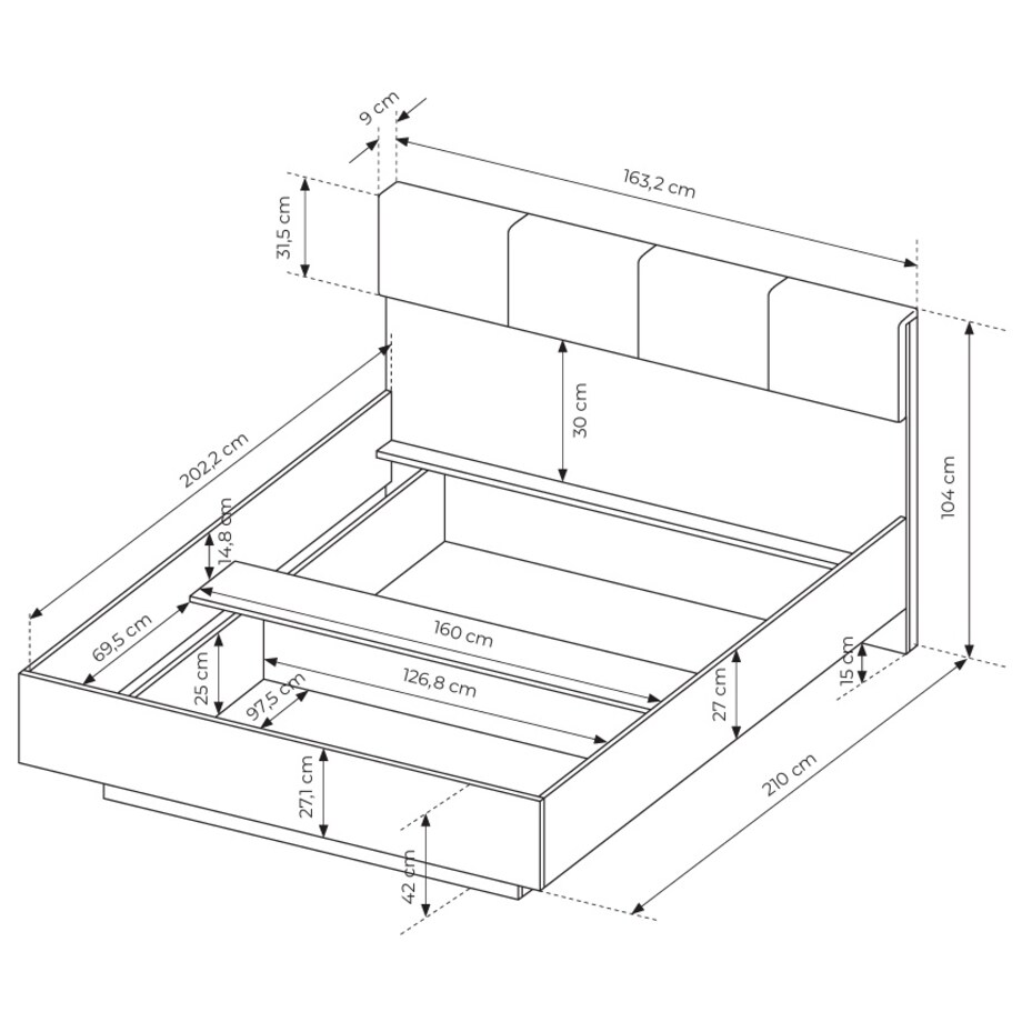 Łóżko sypialniane 160 ALLI z pojemnikiem na pościel i zagłówkiem