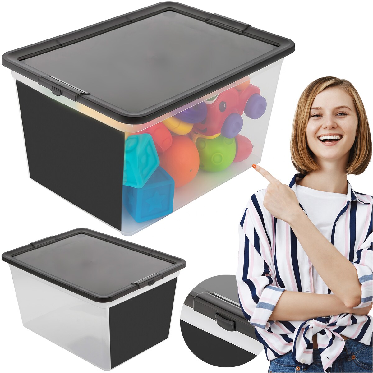 Pojemnik Plastikowy Z Pokrywą Na Zabawki 15 L Z Tablicą Do Pisania Pudełko Do Przechowywania