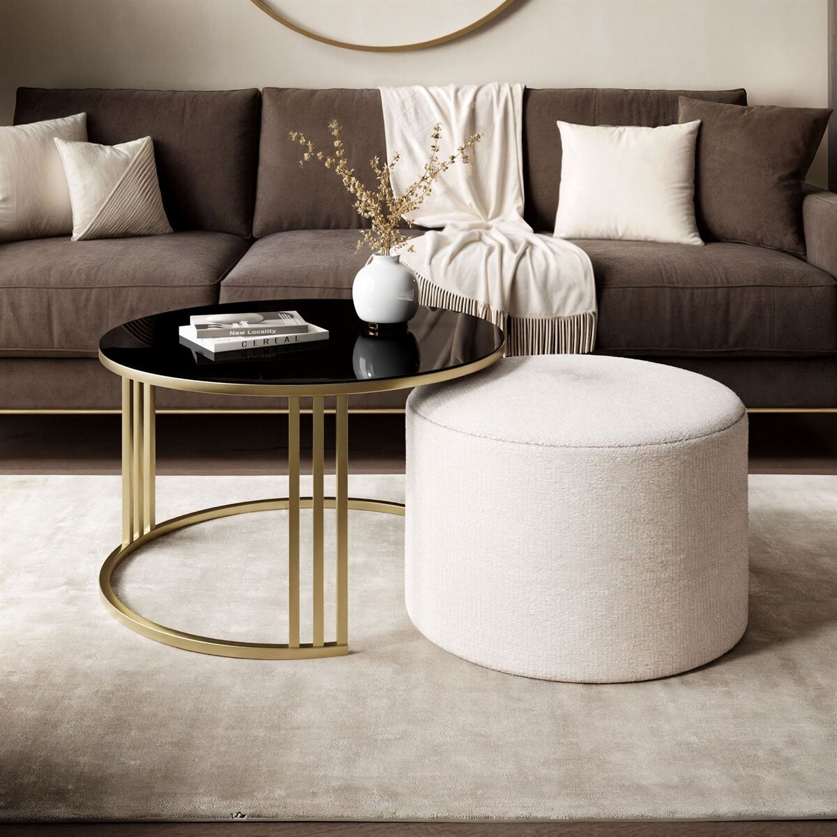 Stolik kawowy z pufą LORI GLASS złoto szczotkowane, czarne szkło / Perfect Harmony 01