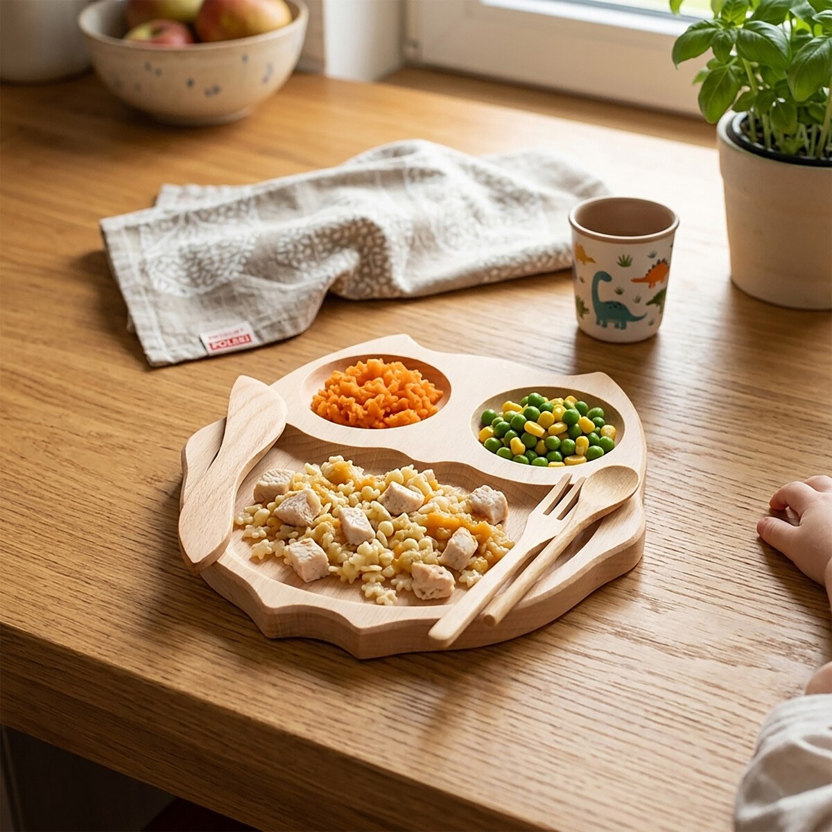 Tacka Drewniana Dla Dzieci Sowa Zestaw Talerzyk + Sztućce Naturalne Drewno