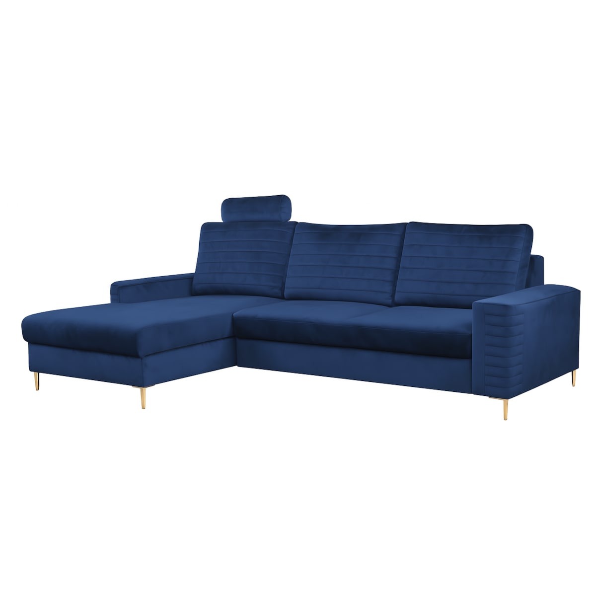 Narożnik rozkładany z zagłówkiem i pojemnikiem OLI, lewostronny, granatowy