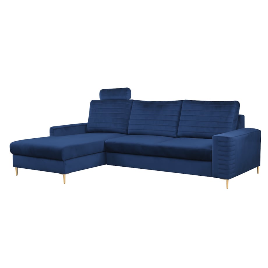 Narożnik rozkładany z zagłówkiem i pojemnikiem OLI, lewostronny, granatowy