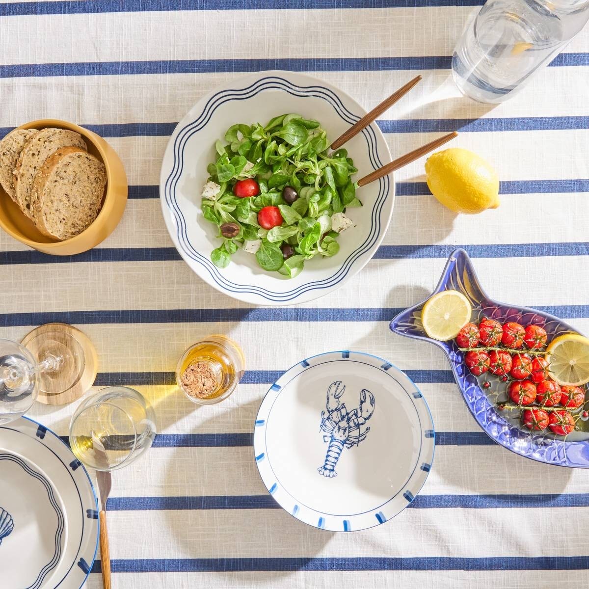 Obrus bawełniany, biały w granatowe pasy, 140x240 cm, Oceania