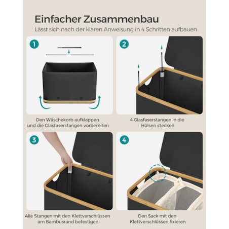 Kosz na bieliznę 3-komorowy z bambusowymi uchwytami w kolorze czarnym