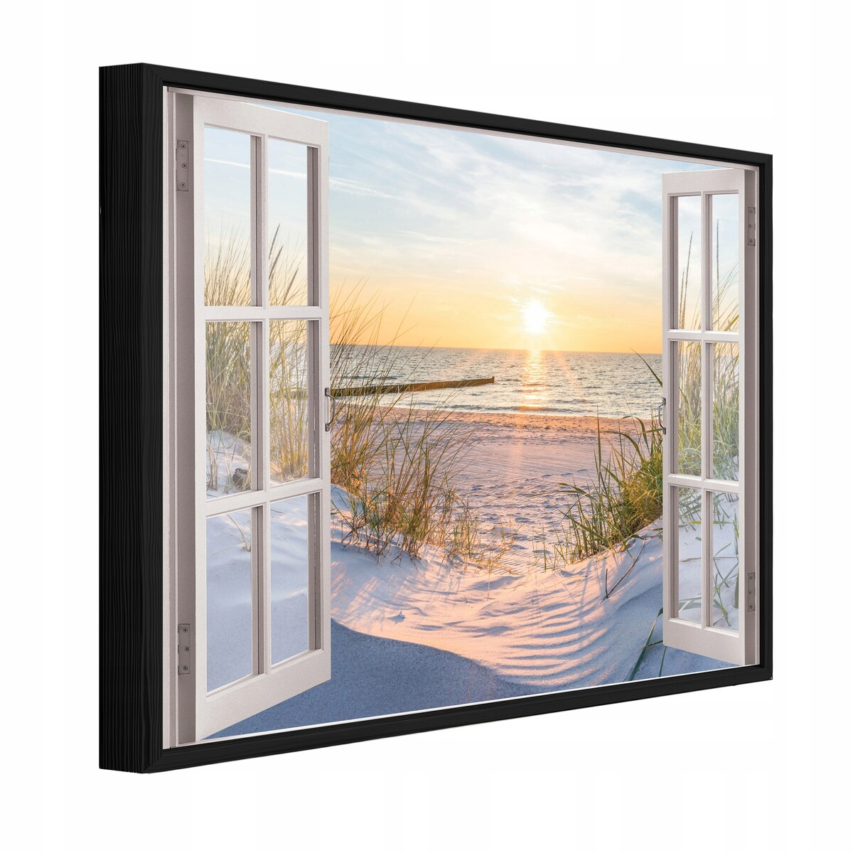 Obraz W Ramie Do Sypialni Salonu Na Płótnie Okno Morze Beżowy 120x80