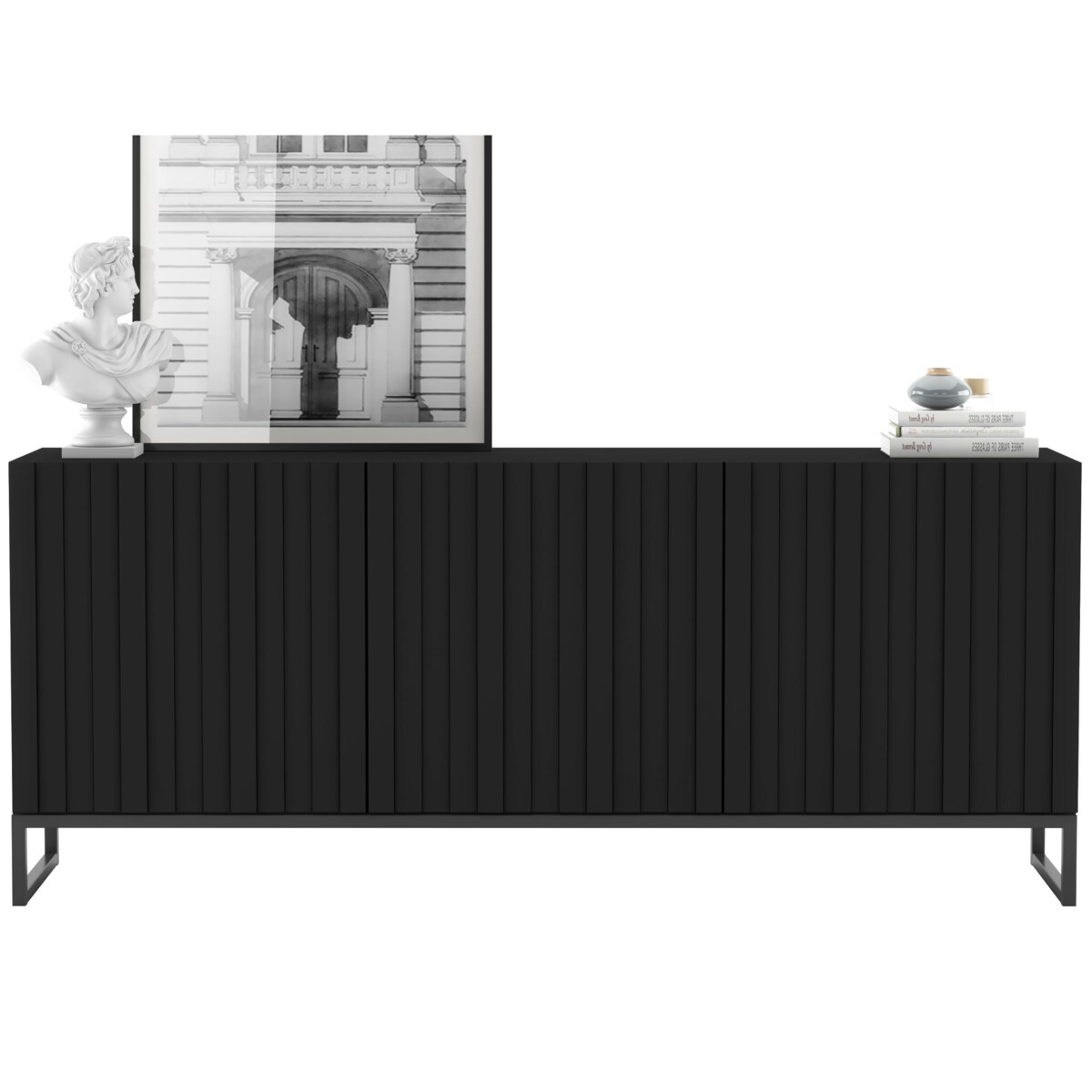 Komoda RTV Industrialna Czarny Mat Szafka RTV Glamour 168 cm Ryflowane fronty