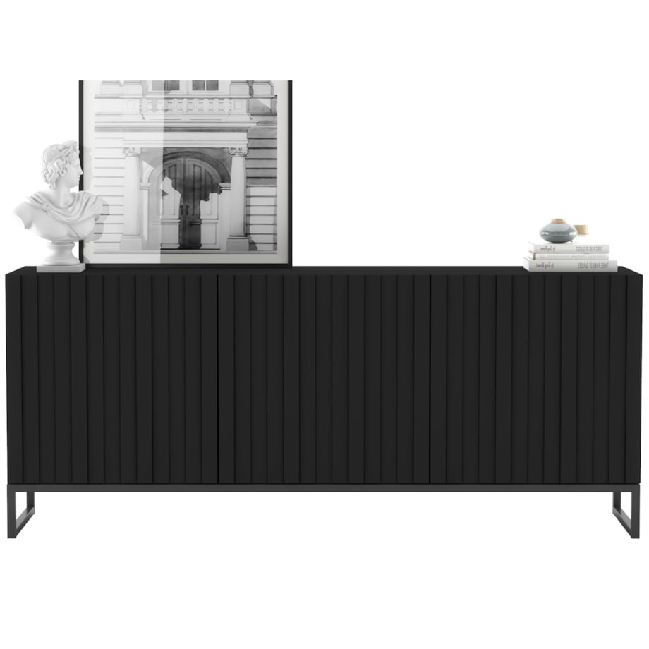 Komoda RTV Industrialna Czarny Mat Szafka RTV Glamour 168 cm Ryflowane fronty