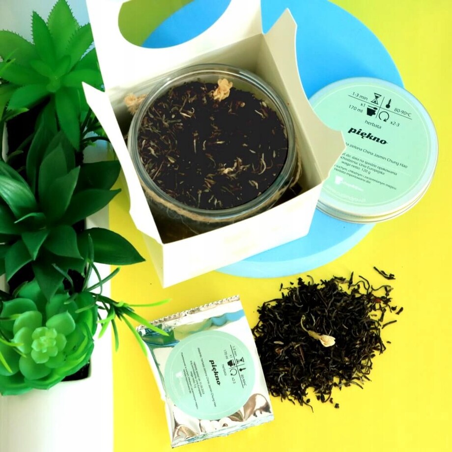 Herbata zielona PIĘKNO o smaku jaśminowym z delikatną nutą cytrusów PREMIUM - herbata liściasta sypana mieszanka napar susz - gotowa na prezent upominek