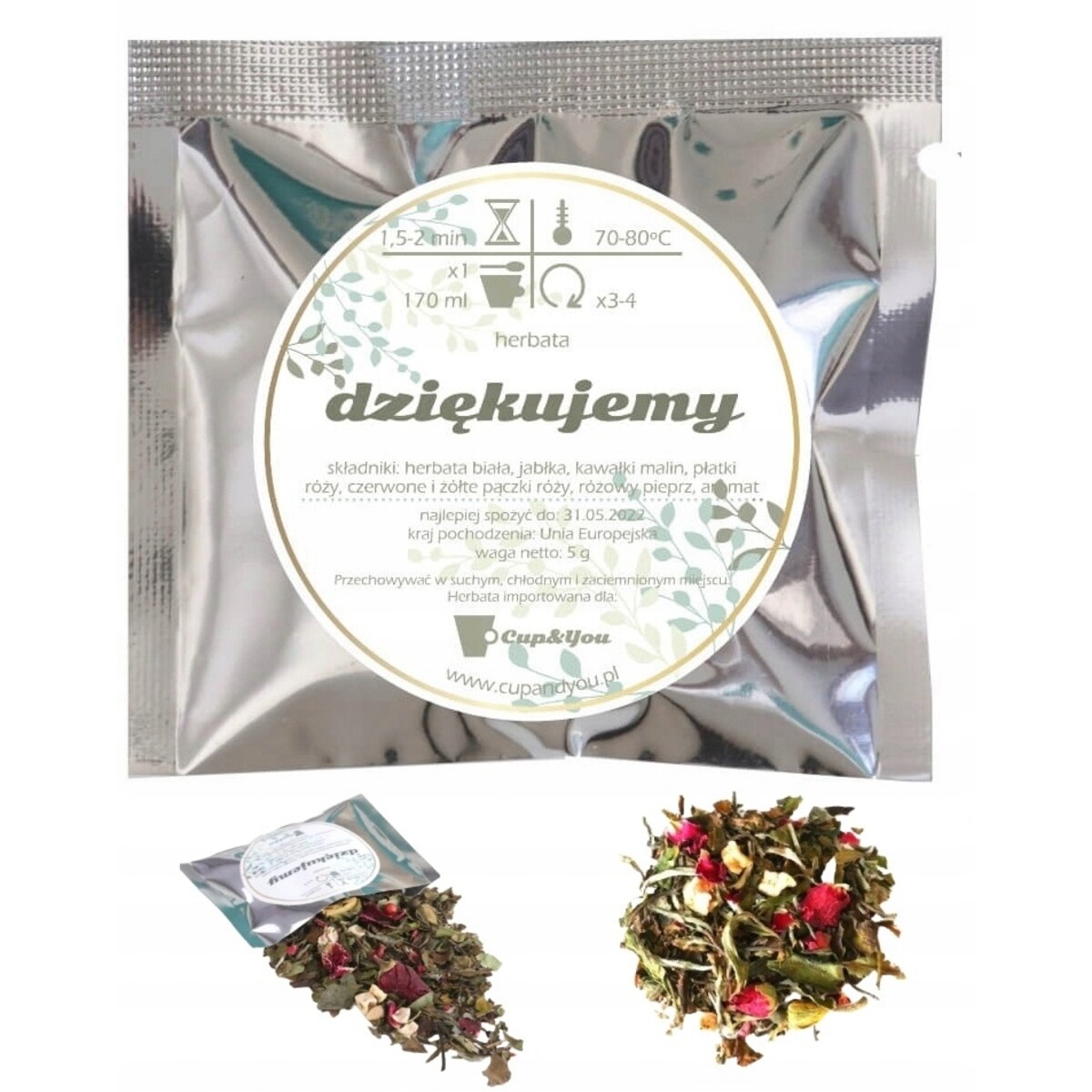 Podziękowanie dla gości na ŚLUB WESELE KOMUNIĘ CHRZEST zestaw 50 sztuk saszetek z herbatą białą różaną po 5g - herbata sypana liściasta PREMIUM