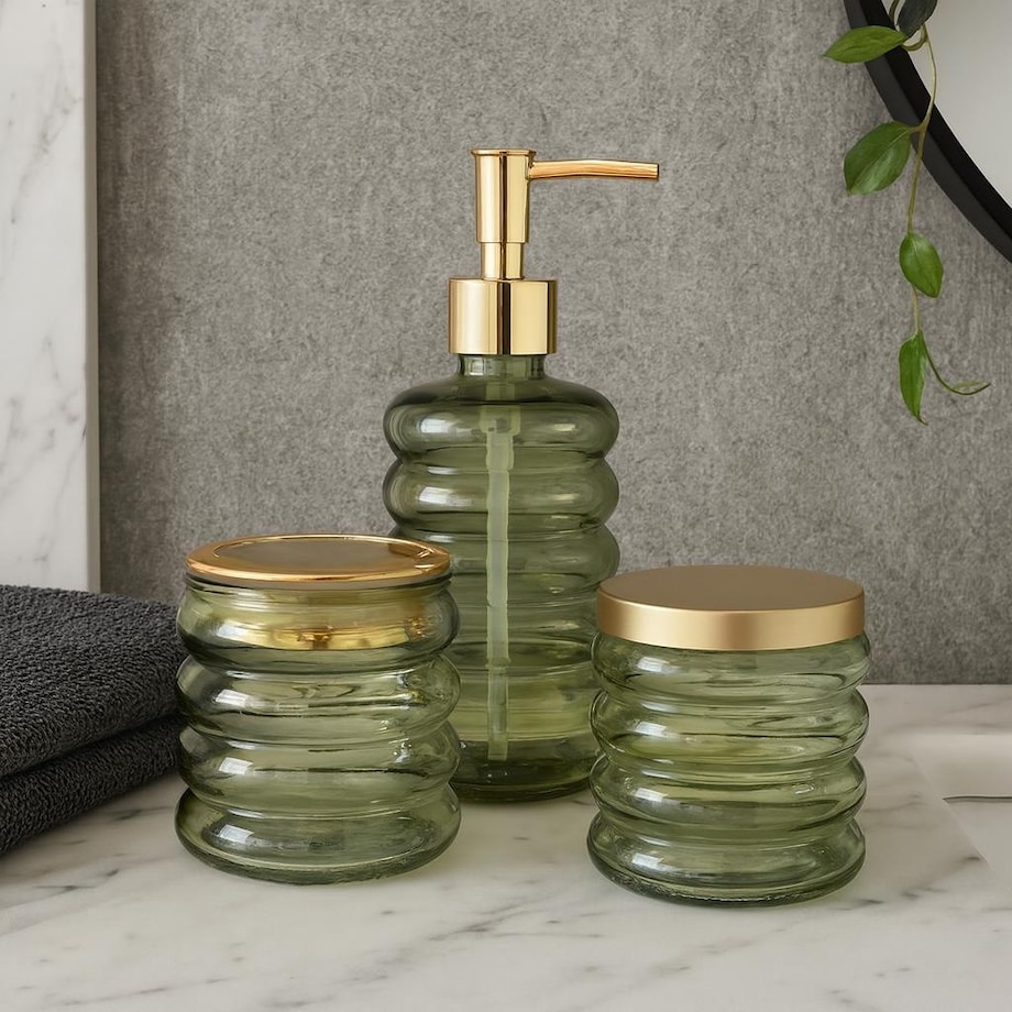 Zestaw łazienkowy szklany - dozownik, kubek i pojemnik 19x8,5 cm IMPOSTATO zielony