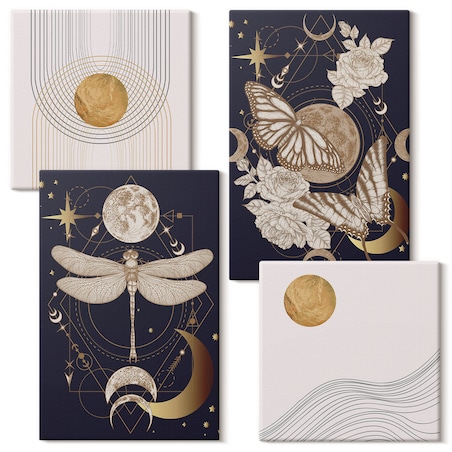 Zestaw 4 obrazów na płótnie - Motywy przyrody z księżycem - granatowy