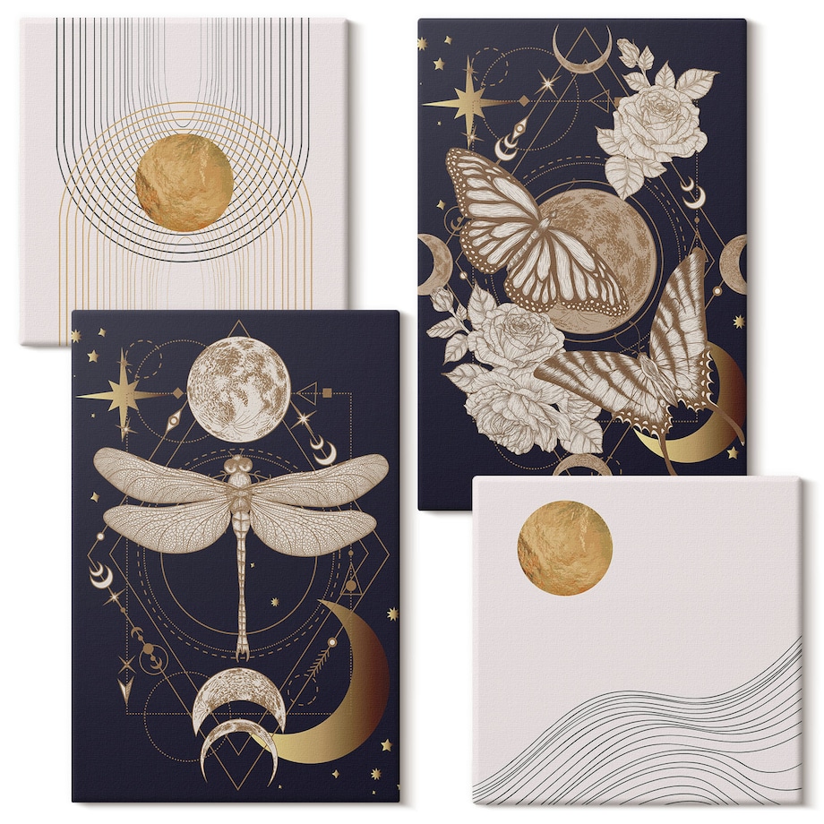 Zestaw 4 obrazów na płótnie - Motywy przyrody z księżycem - granatowy