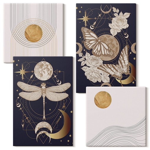 Zestaw 4 obrazów na płótnie - Motywy przyrody z księżycem - granatowy