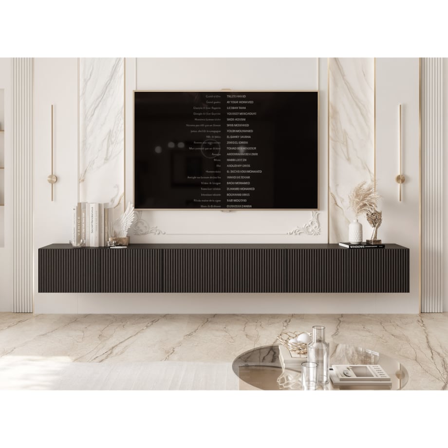 Szafka RTV wisząca CZARNA ANGEL ryflowana 300 cm z oświetleniem LED