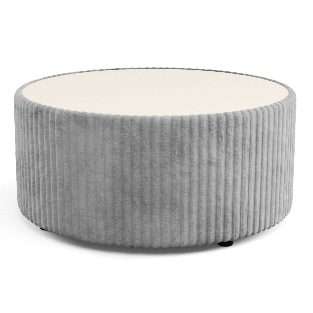 Stolik okrągły kawowy tapicerowany MIJA w tkaninie Tilia, jasno-szary