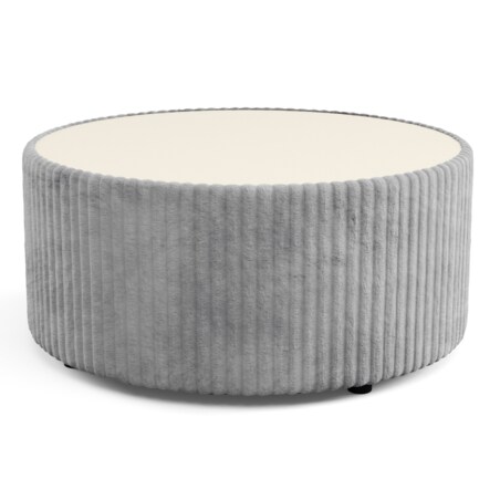 Stolik okrągły kawowy tapicerowany MIJA w tkaninie Tilia, jasno-szary