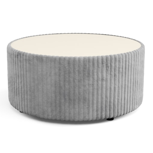 Stolik okrągły kawowy tapicerowany MIJA w tkaninie Tilia, jasno-szary
