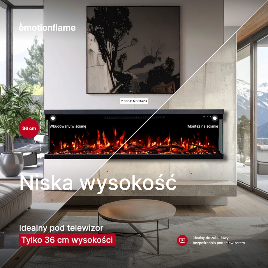 Kominek elektryczny à 3 côtés Emotion Flame Unity 152 - ścienny i do zabudowy - 152x19x36 cm - kominek LED - 900/1800 W